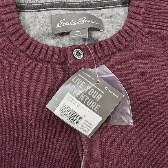 Eddie Bauer Sweater Mens Large Red 100% Cotton Henley Knit Crew Neck Pullover - Picture 6 of 13